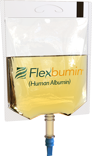 Flexbumin 20% human albumin in a flexible, shatterproof container with measurement scale